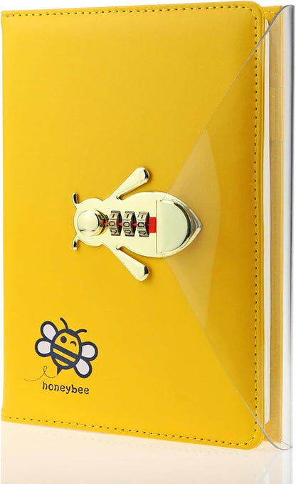 Mazeran Bee Shaped Combination Lock Journal, PU Leather Hard Cover Notebook Cute Diary, Thick A5 Lined Password Locking Personal Planner Secret Organizer Gift for Girls Women Daughter