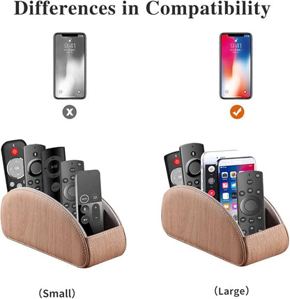 All-in-One Leather TV Remote Control Holder with 5 Compartments Nightstand Desktop Air Conditioner Media Player Remote Caddy Storage Box Organizer Tray For Makeup Brush Pen Stationary Table Controller