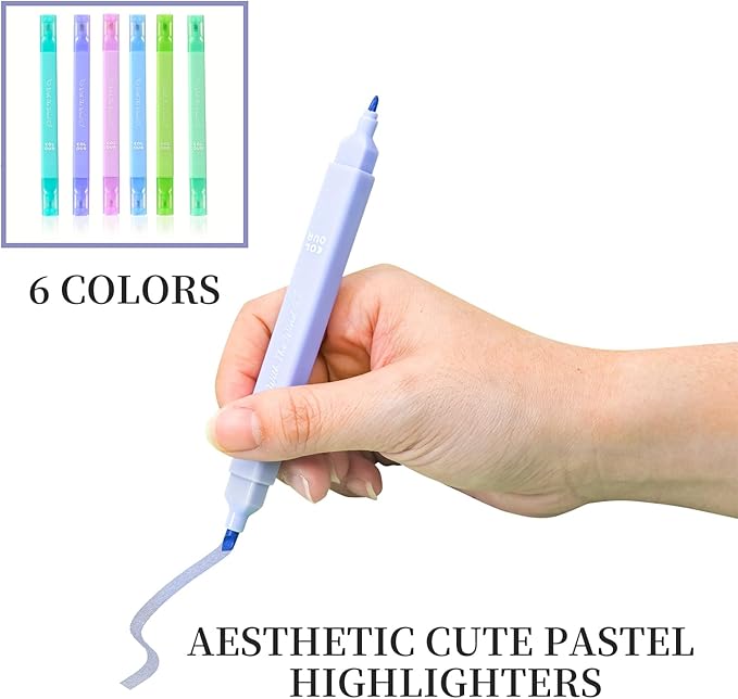 Aesthetic Cute Pastel Highlighters Set, 6 count, Mild Assorted Colors Candy Highlighters, Chisel Tip，No Bleed Bible Marker Pen, Study Journaling School Supplies Planner