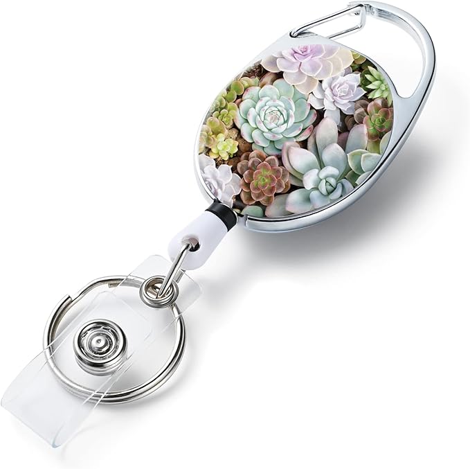Badge Reels Retractable，Double Sided Color Print Pattern Retractable Badge Holders，with Retractable Keychain, Badge Clip and Key Ring，Durable Nylon Retractable Rope，Succulents