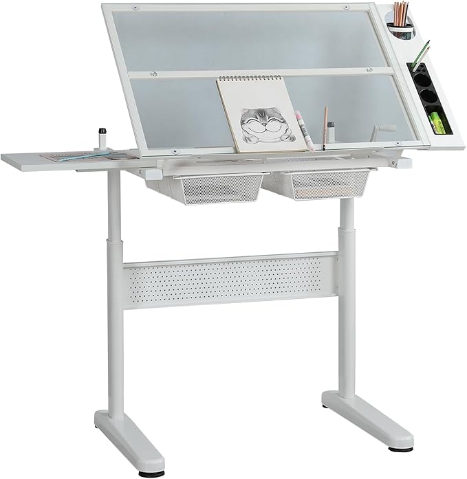 Hand Adjustable Height Drafting Table Artist Drawing Table Multifunctional Art Craft Artists Desk Tilting Glass Tabletop Glass Topped Art Desk Work Station With Stool and Chair for Home Office White