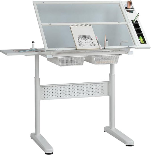 Hand Adjustable Height Drafting Table Artist Drawing Table Multifunctional Art Craft Artists Desk Tilting Glass Tabletop Glass Topped Art Desk Work Station With Stool and Chair for Home Office White