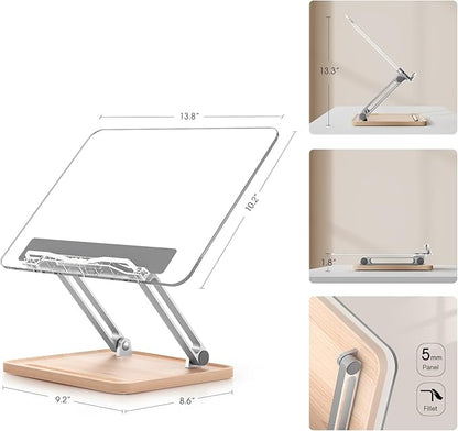 Adjustable Acrylic Book Stand for Reading, UPERGO Book Holder with Pen Slot, Foldable Desktop Riser for Laptop, Recipe, Textbook - Hands-Free,Cookbook Stand, Clear Design with Page Clips