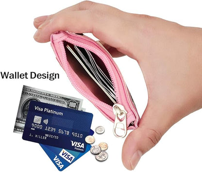 Cute ID Badge Holder Retractable Lanyard Reel Clip with Heavy Duty Carabiner, 5 Card Slots in 2 Sided with Key Ring and Zipper for Students Teens Boys Girls Office Staff Women (Pink)