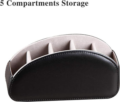 All-in-One Leather TV Remote Control Holder Black with 5 Compartments Nightstand Desktop DVD Media Player Remote Caddy Storage Box Organizer Tray For Makeup Brush Pen Stationary Table Controllers