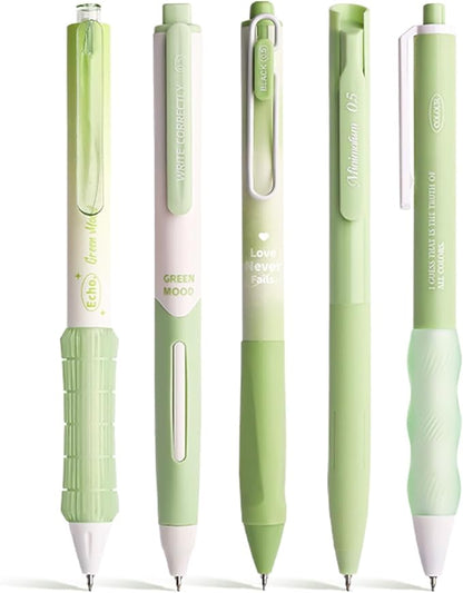 5 Count Pastel Gel Ink Pen Set,Cute Note Taking 0.5mm Fine Point Retractable 5 Count Black Ink Pens for Writing, Journaling, School, Office (Light Green)