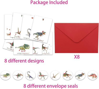 Christmas Card Set - 8 Holiday Cards with Red Envelopes - 8 Different Dinosaur Designs, Perfect for Giving to Your Friends Who Love Dinosaurs.