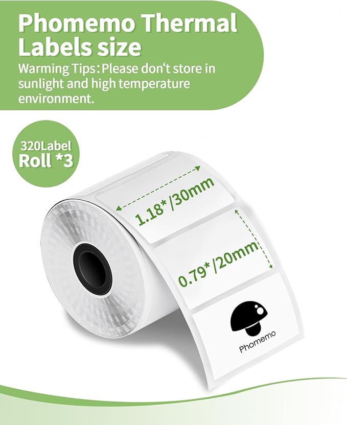 3 Roll Thermal Labels for Phomemo M110/M221/M220/M120/M200/M110S Label pirnters,1.18" x 0.79" (30x20mm)，Tape Self-Adhesive Thermal Paper for Barcode,QR Code,320 Labels/Roll Black on White
