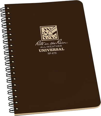 Rite in the Rain Weatherproof Side Spiral Notebook, 4.625" x 7", Brown Weatherproof Notepad, Universal Page Pattern (No. 473)