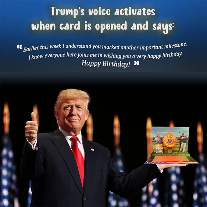 OUR FRIENDLY FOREST Pop Up Birthday Card with Light & Sound Features Real Donald Trump Voice Message for Men and Women, Parents, Couples (Golf)