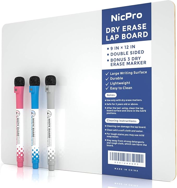 Nicpro 9 x 12 inches Lapboard Small Dry Erase Lap Board Double Sided with 3 Water-Based Pens Learning Mini Whiteboard Portable for Kid Student and Classroom Use