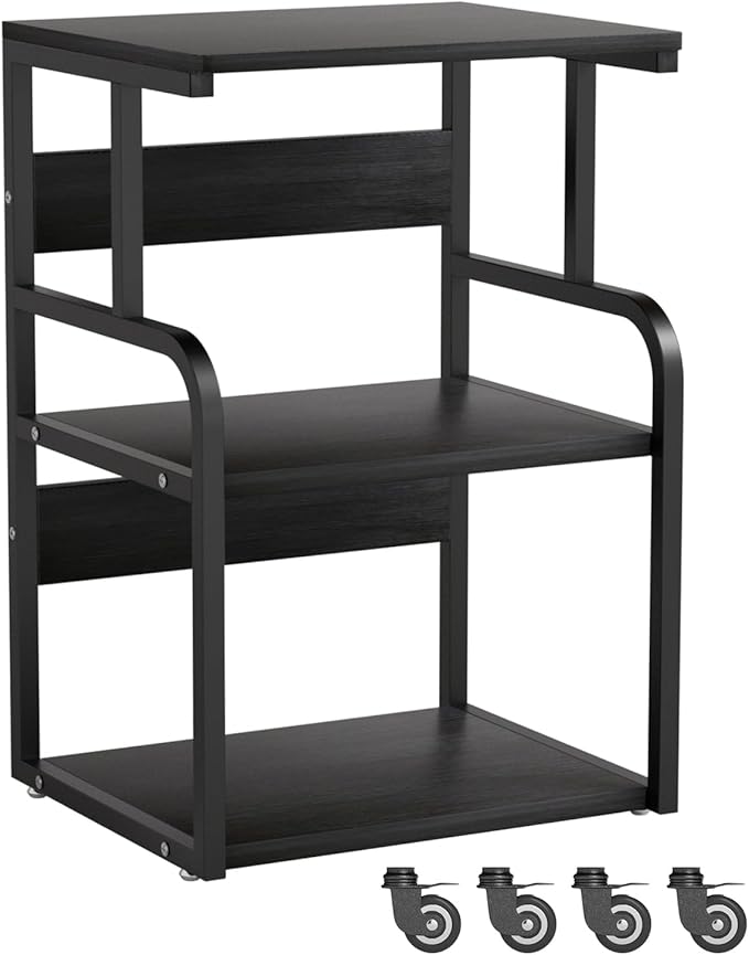 Large Printer Stand with 3-Tier Wood Storage Shelves -Multi-Purpose Desk Organizer- for Printer Scanner Fax Home Office Use with Wheels (Black)