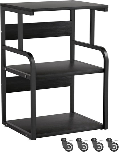 Large Printer Stand with 3-Tier Wood Storage Shelves -Multi-Purpose Desk Organizer- for Printer Scanner Fax Home Office Use with Wheels (Black)