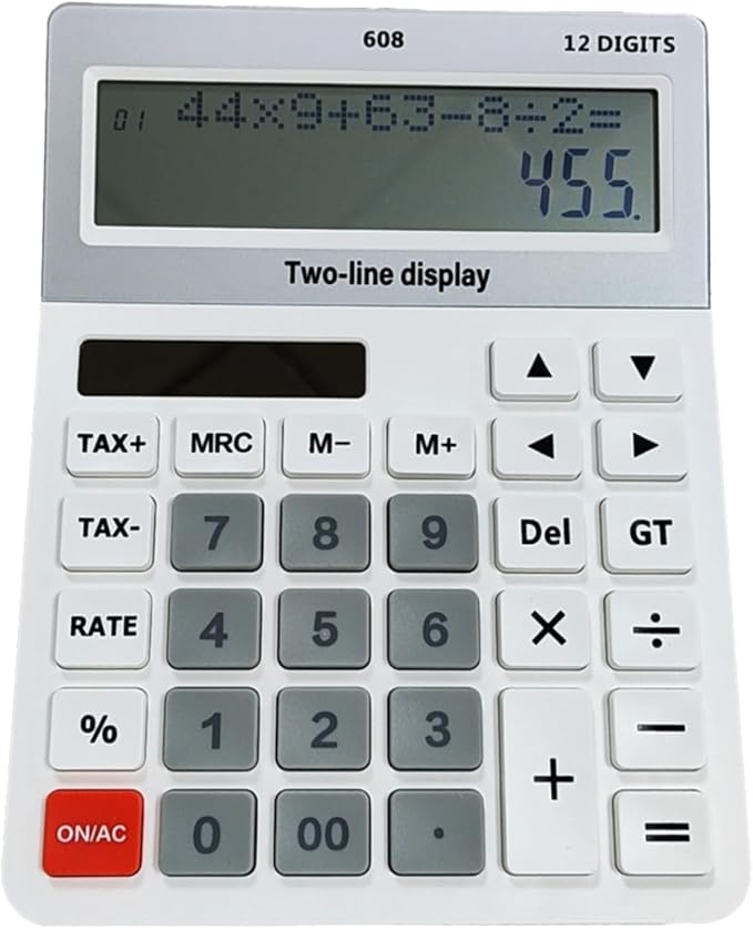 Battery and Solar Unique 120-Step Calculation Check Memory 12 Digit 2 Line and 5.5" LCD Display, Configurable Tax Rate Financial Calculator for Tax Calculations(Only 1 AAA Battery is Needed)