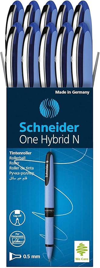 Schneider One Hybrid N Rollerball Pen, 0.5 mm Hybrid Needle Tip, Light Blue Barrel, Blue Ink, Box of 10 Pens (183503)