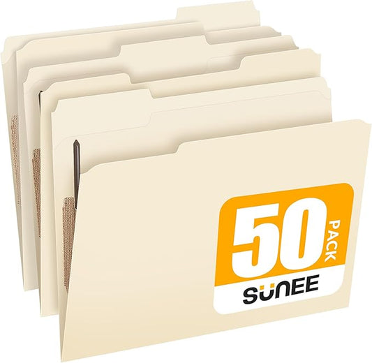 SUNEE File Folders with Fasteners, Manila Folders Letter Size, 2 Reinforced Fasteners, 1/3-Cut Tab, Manila, 50 Pack, Keep Organized for Your Office Documents School Files