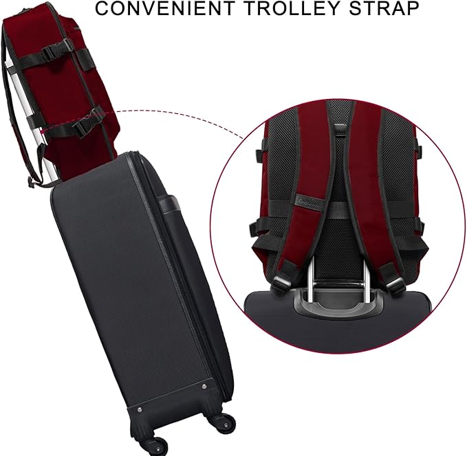 Underseat Carry-On Backpack Luggage, 15-inch Laptop Lightweight Backpack with trolley strap, Travel Commute Gym Sport, 17L Red Wine