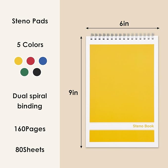 LABUK Steno Pads 6x9 Inches 5 Pack 80 Sheets Spiral Steno Notebooks Gregg Rule, Pocket Notebooks Colorful Covers with Top Spiral Pads for School, University, College, Work, Office, Valentine Gifts