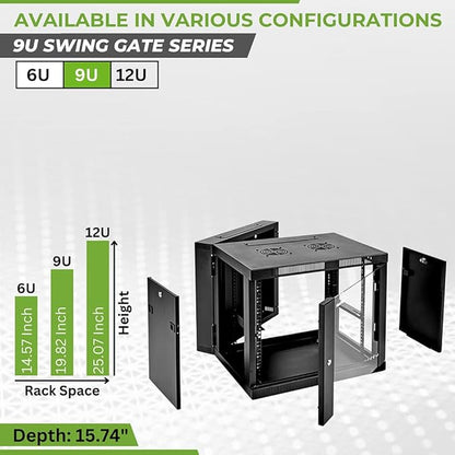 NavePoint Server Cabinet with Hinged Back - 21.6' Deep, 9U Rack Enclosure with Locking Glass Door, Wall Mount Rack with Removable Side Panels, Network Cabinet with 2 Fans, Pre-Assembled