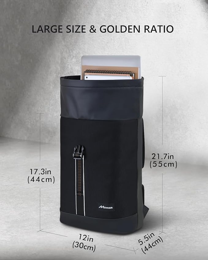 Rolltop Travel Commuter Backpack for Men Black Faux Leather Knapsack and Laptop Compartment College Necessities Casual Daypack Expandable Bag