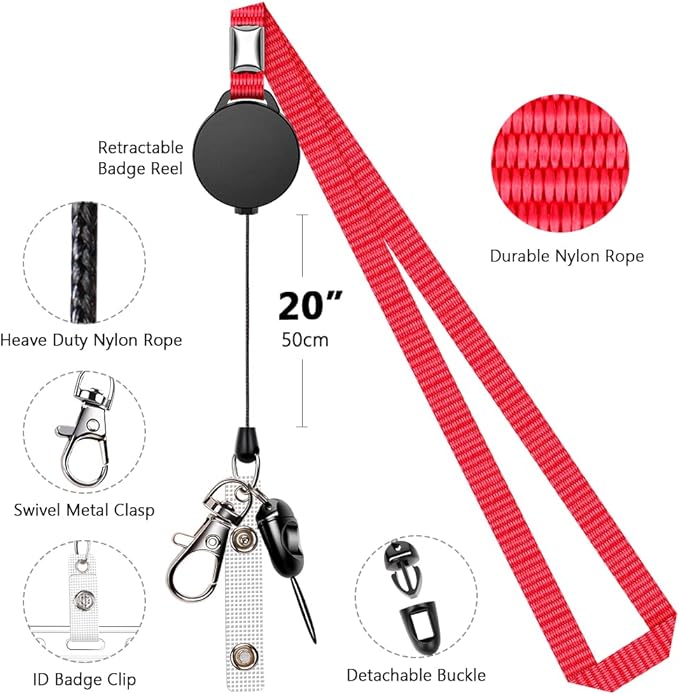 6 Pack Retractable Badge Lanyards and ID Badge Holder, Strap Lanyard with Swivel Metal Clasp for Badge Holders, Keychains, Offices, Staff, Students, Employees, Rosy