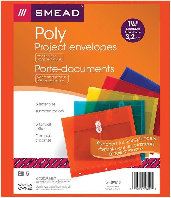 Smead Poly Project Envelope, 1-1/4" Expansion, String-Tie Closure, Side Load, Letter Size, 5 per Pack (89519)