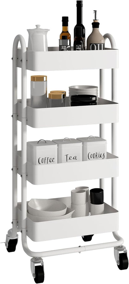 4-Tier White Rolling Cart,Metal Utility Rolling Cart with Handle,Steel Multifunction Rolling Carts with Wheels,Kitchen Storage Carts Suitable for Office,Home,Kitchen,Garden(13.4"x18.1"x40") White