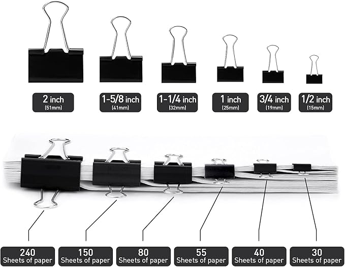 Binder Clips, 144 Pack, 1 Inch, Standard 25mm Clamps, Black, Capacity 0.47 Inch, Small Clips, Binder Clips Small Size, Small Paper Clips, Office Clips