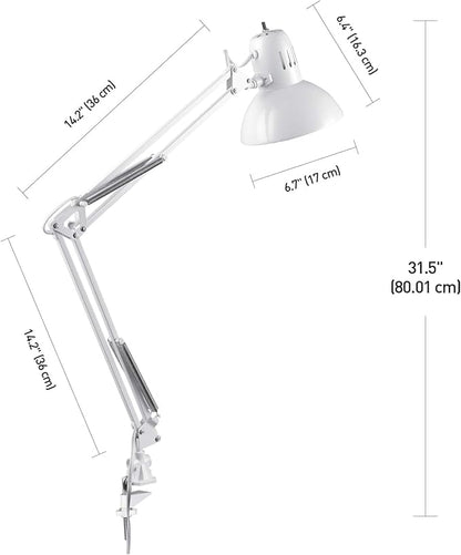 Globe Electric 52847 31.5 Inch Swing Arm Clamp-On White Desk Lamp with Nickel Accents, On/Off Rotary Switch, Book Reading Light, Home Essentials, Office Décor, LED Bulb Compatible