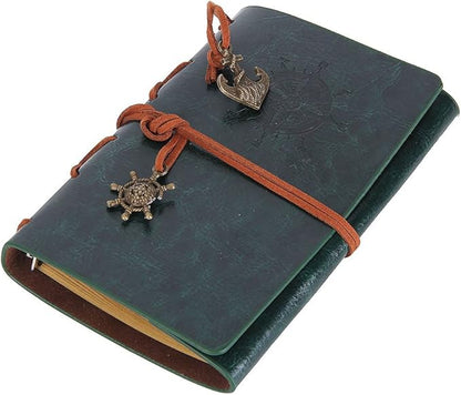 EvZ Leather Writing Journal Notebook, 5 Inches Vintage Nautical Spiral Blank String Diary Notepad Sketchbook Travel to Write in, Unlined Paper, Retro Pendants, Classic Embossed, Retro Green