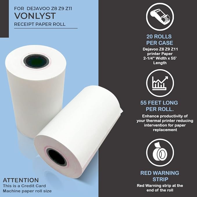 Credit Card Machine Paper Roll for Dejavoo Z8 Z9 Z11 (20 rolls)