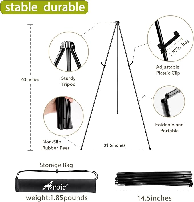 AROIC 63" Easel Stand for Display, 3 Pack Portable Foldable Metal Easel, Easels for Signs Wedding Logos,Arts, Painting,Adjustable Floor Easels with 3 Storage Bag