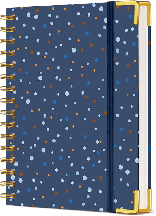 Cute Spiral Notebook Journal for Women, 160 Pages Lined Notebooks 5.75” x 8.38”, A5 Hardcover Spiral Journals with 100 GSM Thick Paper, College Ruled Notebook for Writing Work School, Navy Dots