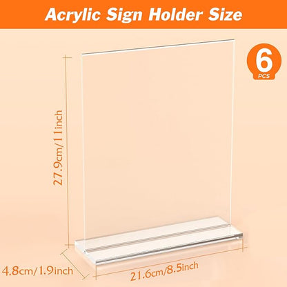 6 Pack Acrylic Sign Holder 8.5 x 11 Inches, Clear Menu Holder Stand, Vertical Flyer Display Stand, Table Paper Holder, Desk Brochure Holder, Plastic Sign Display Stand for Restaurants, Office, Store