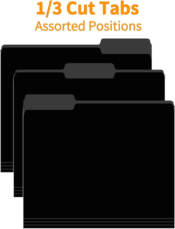 100 Packs Black File Folders,File Folders Letter Size,1/3-Cut Tabs,8.5x11 File Folders for Office,School and Home,Organizer File Folder