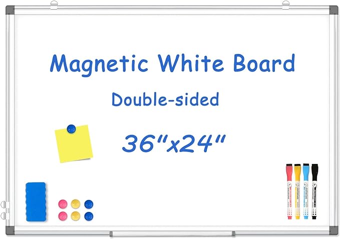 WALGLASS Magnetic White Board, 36" x 24" Double-Sides Dry Erase White Board for Wall, Hanging or Mounted Whiteboard, Horizontal or Vertical, Silver Aluminium Frame, Home, School, Office, Kitchen
