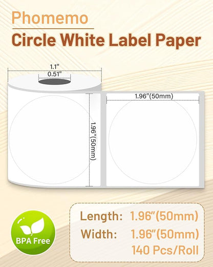 Phomemo Thermal Labels 1.96"x1.96"(50x50mm) for M110/M220/M221/M120/M250/M150, Multi-Purpose Self-Adhesive Tag for Barcode/Address/Logo/Mailing/Business/Home Tag,Black on White, 140 Labels/Roll