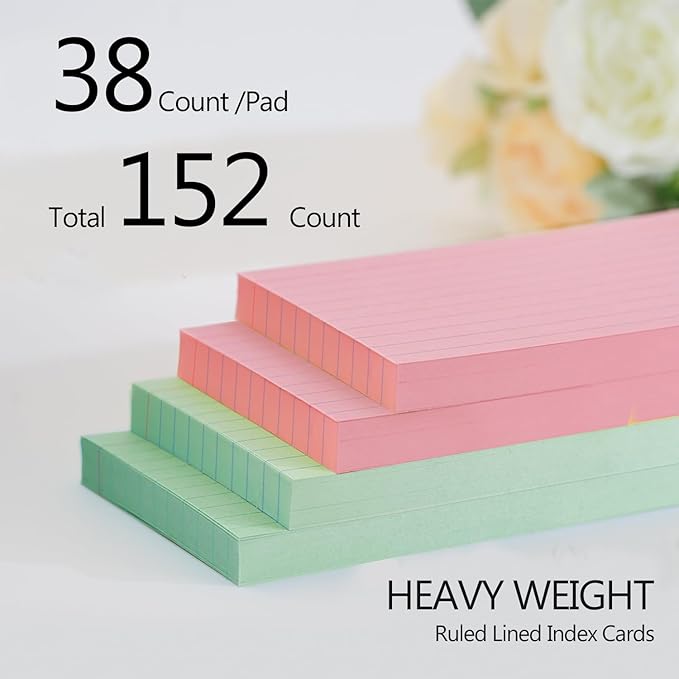 Colored Index Cards 4x6 Inch - Ruled Index Flash Cards for Studying, Lined Index Note Cards 4" x 6" with Colorful, Colored Flashcards 4x6 Notecards 3 Pack of 38 - Pink, Green