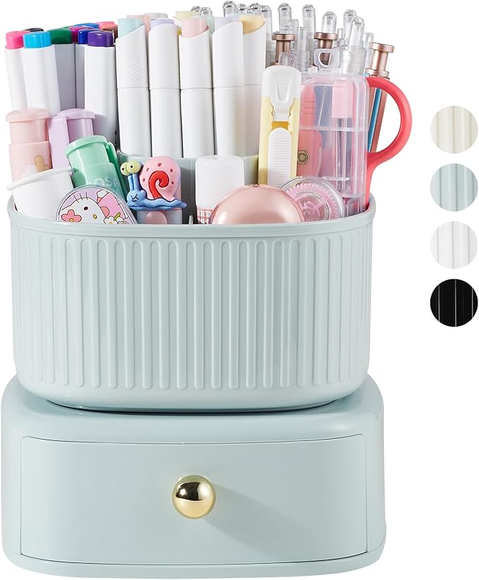360 Degree Rotation Pencil Holder 5 Slots Pencil Holder with Drawer for Desk Makeup Brush Holder Desktop Organizer Storage Box Light Green