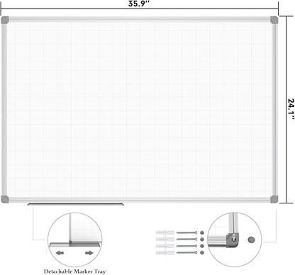 JILoffice Magnetic Dry Erase Planning Board, Grid Pattern White Board 36 x 24 Inch, Silver Aluminum Frame with Detachable Marker Tray for Office School and Home