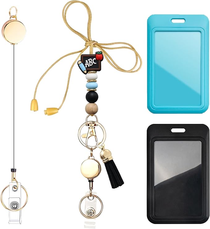 Colorful ID Badge Holder with Silicone Beads Lanyard Set,Cute Teacher Breakaway Lanyard for Keys & Keychain with Cute Retractable Badge Reel Holder,Gift for Women,Nurse, Teacher. (C)