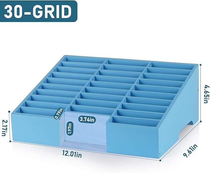 Wooden 30-Grid Cell Phones Storage Box Desktop Mobile Phone Holder Organizer for Office School Classroom (30-Grid Blue)