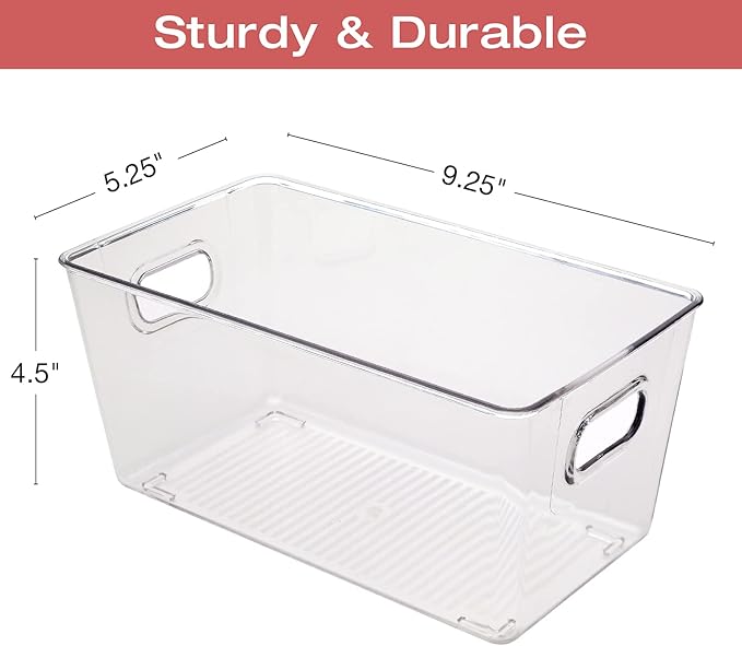 Excello Global Products 9.25" x 5.23" x 4.52" Rigid Plastic Clear Storage Bins for organizing and storing household goods, food, or Office supplies (Pack of 6)