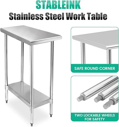 STABLEINK NSF Stainless Steel Table, 30 x 12 Inches Metal Prep & Work Table with Adjustable Undershelf, for Commercial Kitchen, Restaurant, Hotel and Garage，Small Stainless Steel Table