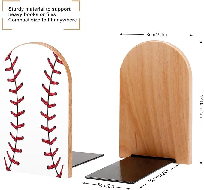2 Pack Wood Bookends, Sport Baseball Stitches Non-Skid Book Ends for Heave Books, Decorative Bookends for Shelves Desk, Book Stoppers Book Holders for Home Office Library School