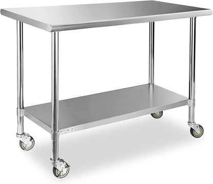 STABLEINK Stainless Steel Table with Caster Wheels 24 x 60 Inches, NSF Commercial Prep & Work Table with Adjustable Undershelf and Table Foot, for Commercial Kitchen, Restaurant, Hotel and Garage