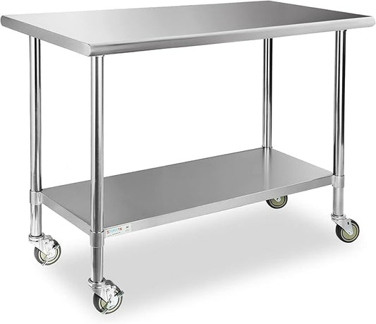 STABLEINK Stainless Steel Table with Caster Wheels 24 x 60 Inches, NSF Commercial Prep & Work Table with Adjustable Undershelf and Table Foot, for Commercial Kitchen, Restaurant, Hotel and Garage