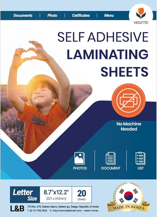 Self Stick Laminating Sheets 8.5 x 11 Inches, 4mil, Pack of 20, No Heat, No Machine, Peel and Stick Laminating Sheets, Self Adhesive Contact Paper, Self Sealing Clear Vinyl Stickers by VIOLLETO