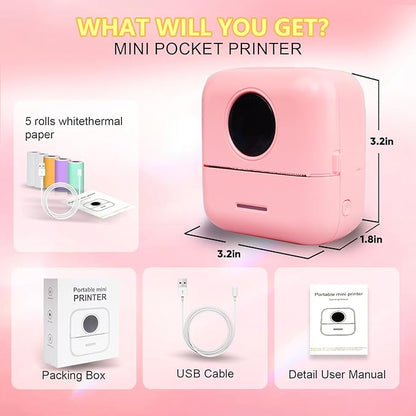 BRONA Notebuddy Mini Portable Printer, Bluetooth Smart Pocket Inkless Thermal Printer with 5 Roll Papers for Journal/DIY Scrapbook/Travel/Notes/Lists/Label/Memo, Receipt Printer for iOS&Android