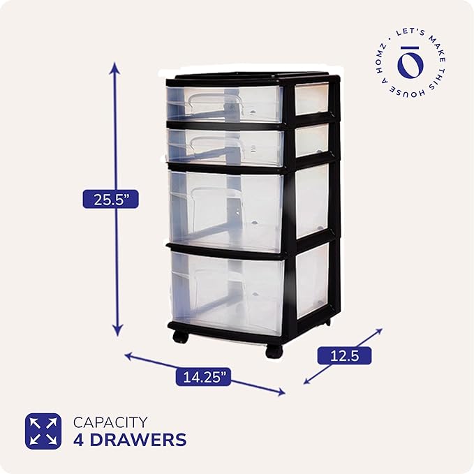 HOMZ 4-Drawer Plastic Storage Cart Organizer with Removable Wheels, Black Frame